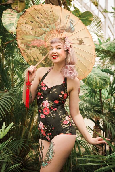 Vintage flowers Simple Swimsuit. Made from recycled nylon.