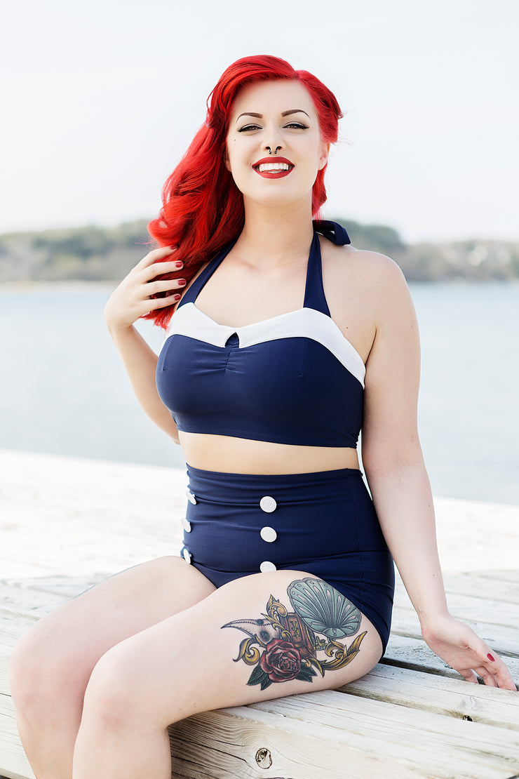 Curvy girl wearing Navy Hello Sailor bikini